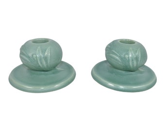 Roseville Crystal Green 1939 Art Deco Pottery Ceramic Candle Holders 1114