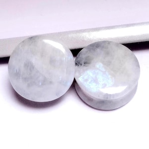 Natural Rainbow Moonstone Tunnel Plugs, Double Flared Smooth Polish Handmade Ear Stretcher Gauges Gemstone