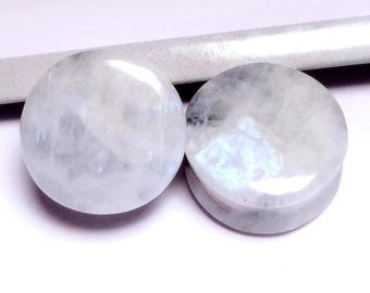 Natural Rainbow Moonstone Ear Stretcher Plugs, Blue Flash Earrings Plug Handmade Ear Gauges