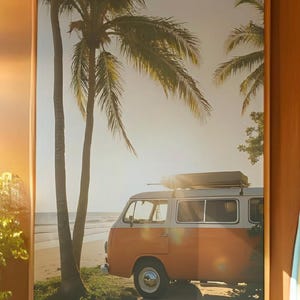 Orange Retro Camper Van Poster – Lush Tropical Beach Wall Art, Vintage Vanlife Print, Boho Travel Decor, Coastal Road Trip Illustration