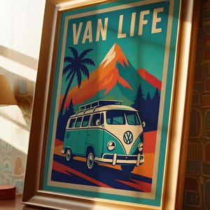 Van Life Retro Art Print – Vintage VW Bus Poster, Mountain & Palm Tree Wall Decor, Adventure Travel Poster, Boho Camper Van Artwork