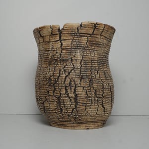 May include: A ceramic vase with a textured, beige and dark brown exterior featuring a prominent crackled, bark-like finish. The vessel has a wide, slightly flared rim and a rounded body with horizontal ridging throughout the surface.