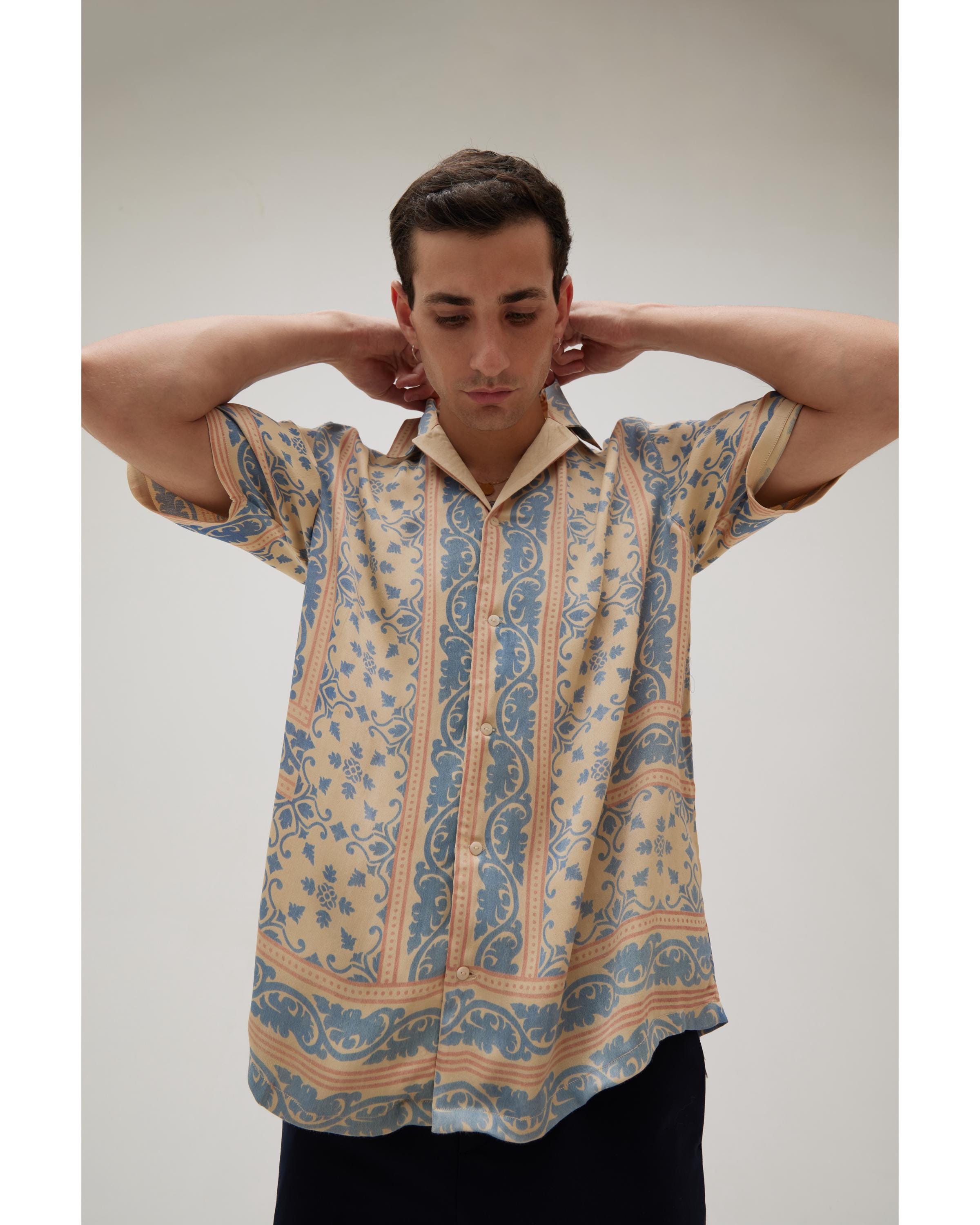Midge in Aqua Hand Block Printed Oversize Shirt