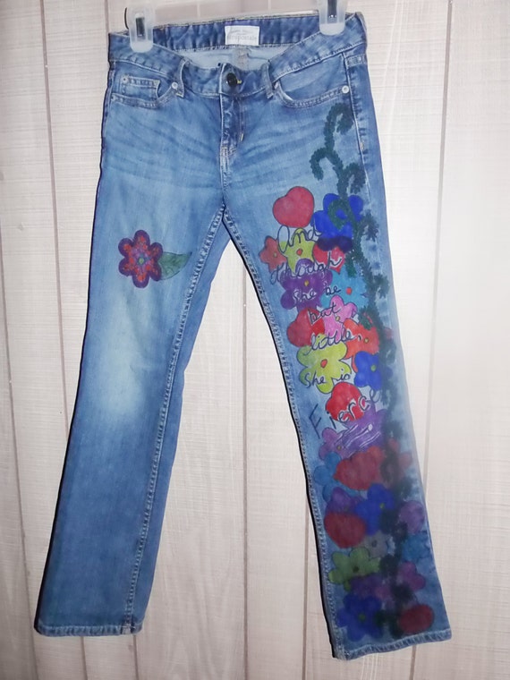 Ladies Size 4 Distressed Denim Jeans With Sharpie Art