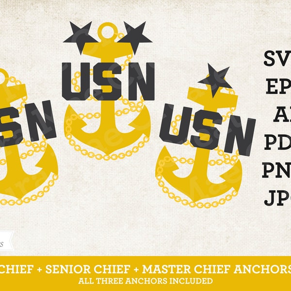 All 3 US Navy Chiefs Anchor Vector Files - svg, eps, ai, pdf, png, jpg Cut Files - Fouled Anchor, Chief, Senior Chief, Master Chief