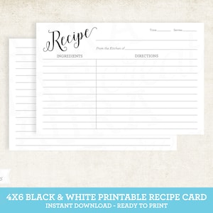 Schwarzweiß 4x6 druckbare Rezeptkarte - Bearbeitbare Rezeptkarte KOSTENLOSE Einladungsbeilage + KOSTENLOSES Rezeptkartenschild, Bauernhausküche, rustikal