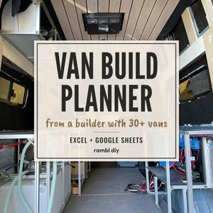 Może przedstawiać: Cyfrowy dokument planowania zabudowy vana z tekstem VAN BUILD PLANNER from a builder with 30+ vans EXCEL + GOOGLE SHEETS rambl diy, nałożony na widok wnętrza vana w trakcie budowy z metalowym stelażem i instalacją elektryczną.