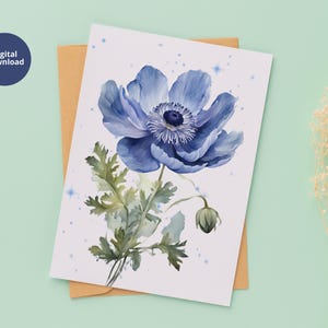 Cartão de felicitações de flor de anêmona para impressão, cartão de felicitações de linda flora, cartão para impressão em casa, cartão de felicitações para impressão, cartão digital para impressão
