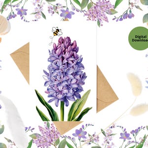 Cartão de felicitações de flores de jacinto para impressão, cartão de felicitações de flora bonita, cartão para impressão em casa, cartão de felicitações para impressão, cartão digital para impressão