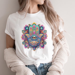 Hamsa Hand T-Shirt, Evil Eye Protection, Boho Mandala, Spiritual Shirt, Colorful Graphic Tee, Good Luck, Meditation Gift, Positive Vibes