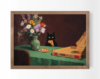 Lámina de gato caprichosa con estampado de pizza y gatitos, arte original para el comedor, divertida obra de arte animal (descarga digital)