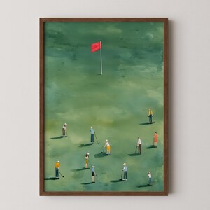 The image is a framed painting depicting a group of people playing golf on a green field, with a red flag in the background.