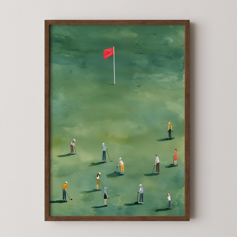 The image is a framed painting depicting a group of people playing golf on a green field, with a red flag in the background.