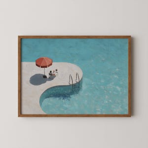 Tiny People Swimming Pool Poster, Summer Wall Art, Floating in Water Print, Coastal Pool Decor Digital