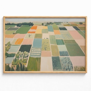 Può includere: Un dipinto paesaggistico incorniciato che raffigura una vista aerea di campi agricoli in un mosaico di colori tra cui verde, giallo, arancione e rosa. L'opera rettangolare presenta texture e motivi vari che rappresentano diverse colture.