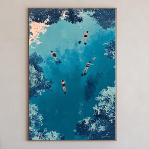 Póster de verano con impresión de gente pequeña nadando en el océano, decoración de casa de playa vintage, arte de pared minimalista imprimible, regalo para nadador