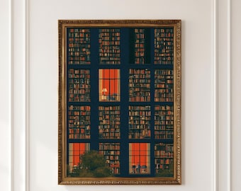 May include: A framed wall art print depicting a dark blue building facade with multiple grid-like windows filled with rows of books. Some windows glow with a warm orange light, revealing interior details like a lamp and a desk with a person.