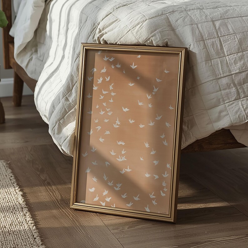 Whimsical Bird Art Gold Tone Painting Flying Birds Modern Folk Home Decor (Digital Download) image 5