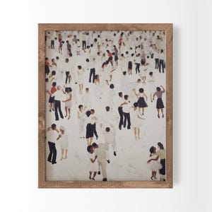 Tight vertical crop in ornate frame, tiny colorful dancing figures mingle, whimsical people print for living or bedroom