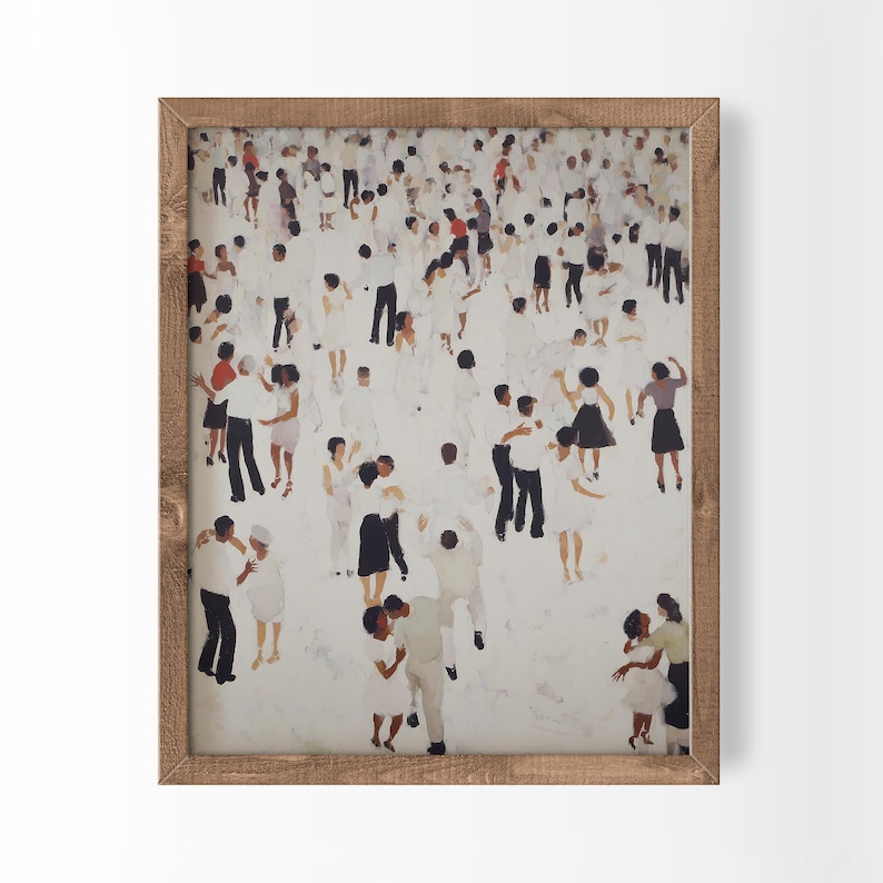 Tight vertical crop in ornate frame, tiny colorful dancing figures mingle, whimsical people print for living or bedroom