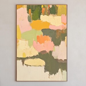 Impresión abstracta grande, pintura moderna verde y rosa, arte de galería contemporáneo, minimalista, decoración de los años 70 sobre la cama, póster para dormitorio, arte retro en color.