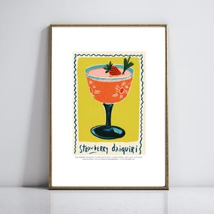 Receta de cóctel Daiquiri de fresa, cartel de bebida de autor, carrito de bar caprichoso, póster retro de cóctel Daiquiri, arte de pared imprimible
