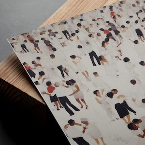 a large crowd of people, with various individuals standing and interacting with each other.