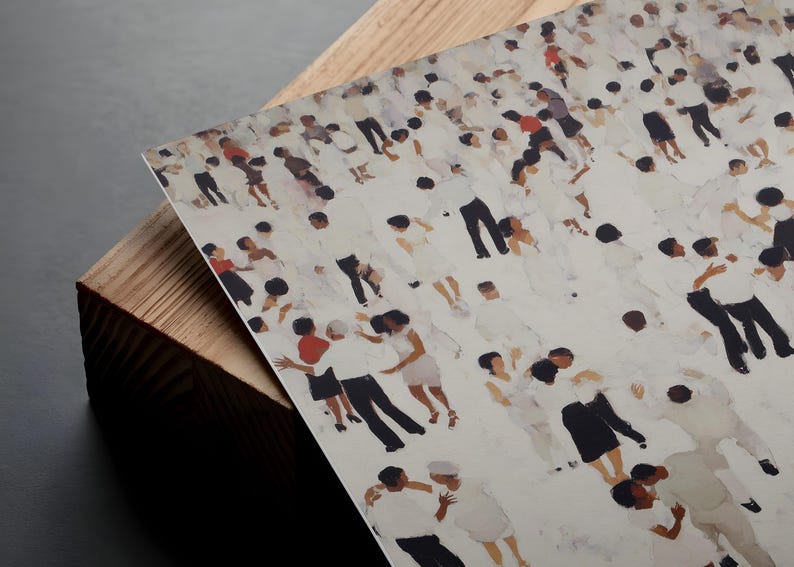 a large crowd of people, with various individuals standing and interacting with each other.