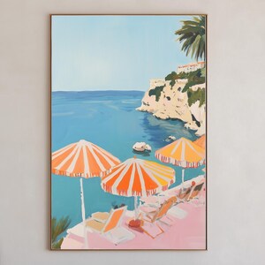 ヴェラーノポスター地中海沿岸アートプレッピー美的装飾古い紙幣の絵画フレンチリビエラプリントストライプの傘のあるテラスプリント