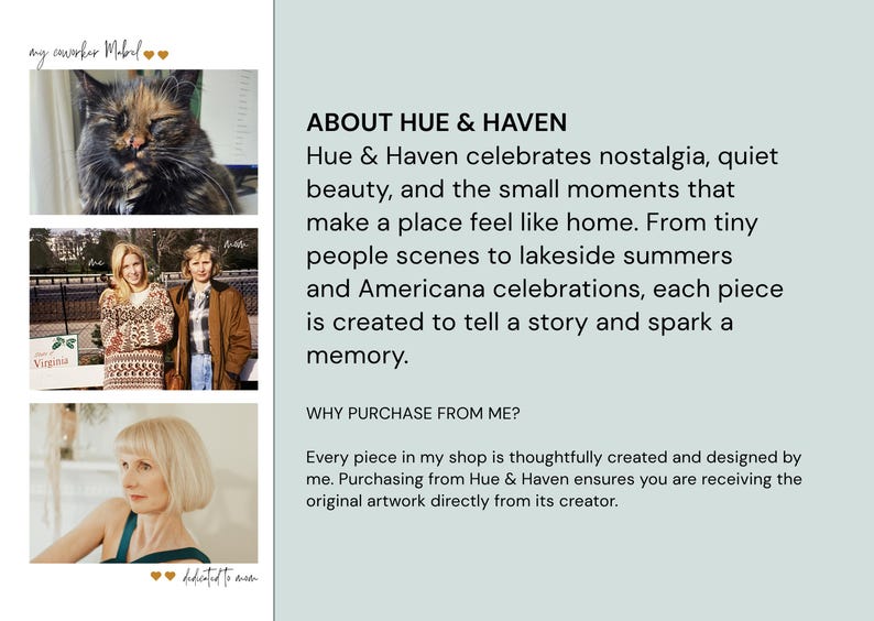The image is a collage of four photographs, each depicting a different scene. The text provides information about the artist, Hue & Haven, and their approach to creating their pieces.