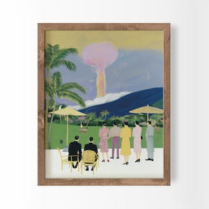 Surrealistyczny grzyb z nadrukiem w akwareli, plakat z bombą atomową, fantazyjny, ludzie obserwujący wybuch, sztuka retro, nuklearny kicz, dekoracja ścienna, prezent