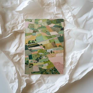 The image is a colorful abstract painting or collage featuring various shapes, patterns, and textures in shades of green, pink, and yellow.