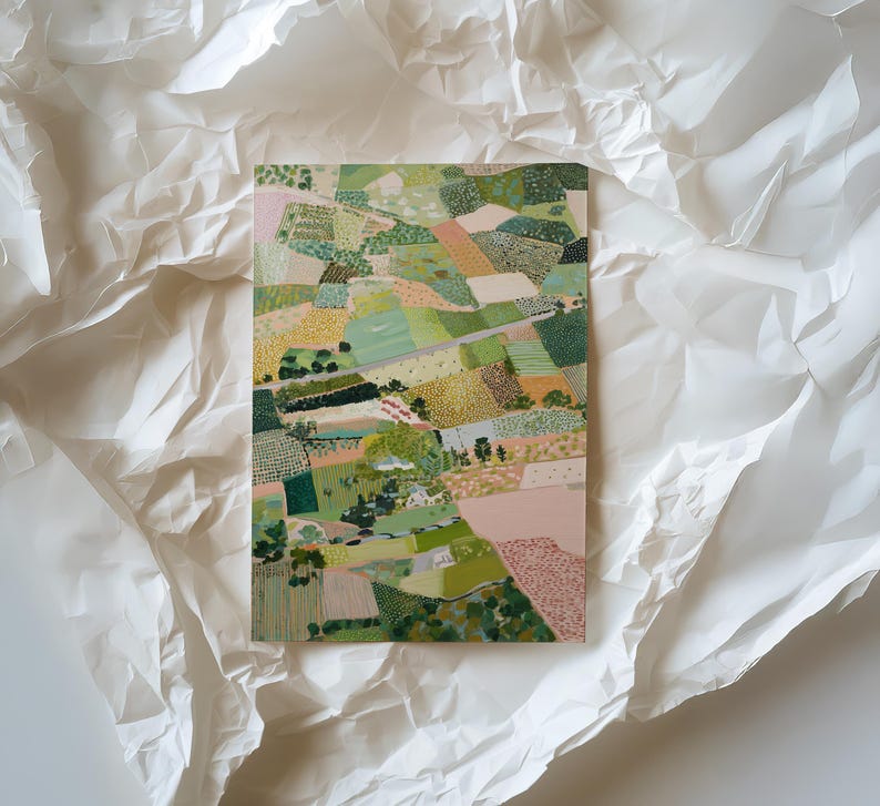 The image is a colorful abstract painting or collage featuring various shapes, patterns, and textures in shades of green, pink, and yellow.