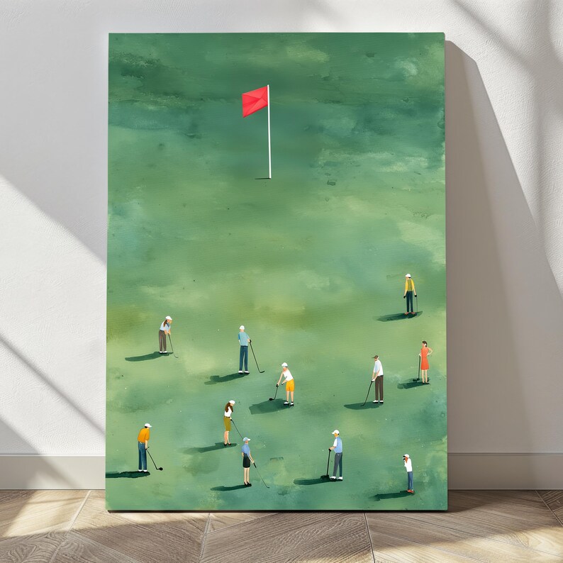 a group of people playing golf on a green field, with a red flag in the background.