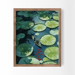 Decorazione murale con ninfee, verde salvia, stile giapponese, pesca alla carpa (download digitale)
