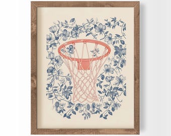 Minimalist Basketball Poster, Hoop & Flowers Sports Print, Girly Dopamine Decor, (Digital Download)