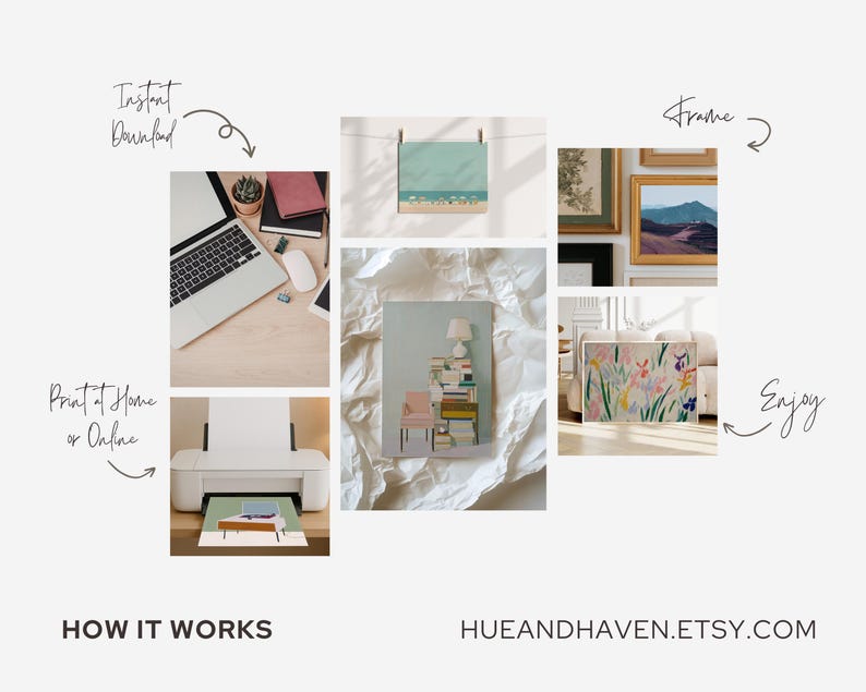 The image is a collage of various home office and art-related items, including a laptop, a printer, framed pictures, and other decorative elements. The collage is titled "HOW IT WORKS" and includes text that describes the process of printing at home or online, framing, and enjoying art.