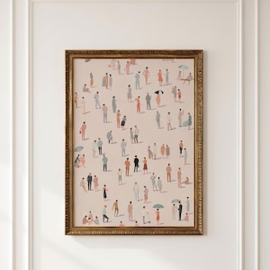 May include: A framed wall art print featuring a light beige background populated by numerous small, stylized figures in various poses, dressed in muted tones of blue, orange, and gray, with some figures holding umbrellas, all enclosed in an ornate gold frame.
