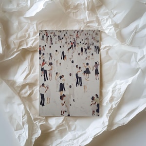 Small print flatlay on crumpled tissue, cream abstract with tiny people dancing print, ready as printable wall art