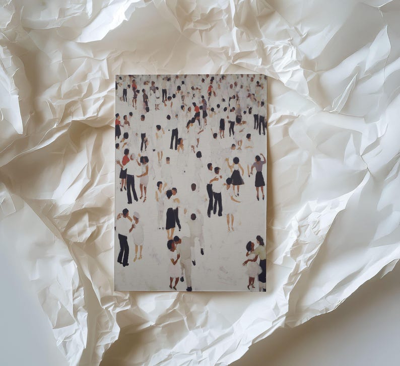 Small print flatlay on crumpled tissue, cream abstract with tiny people dancing print, ready as printable wall art