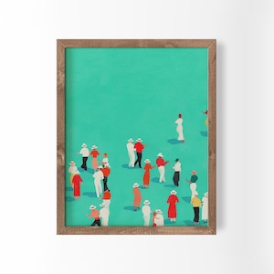 May include: A framed art print featuring a crowd of stylized figures in various poses. The figures are dressed in red, white, and black clothing, with many wearing hats. The background is a solid teal color. The frame is made of wood.