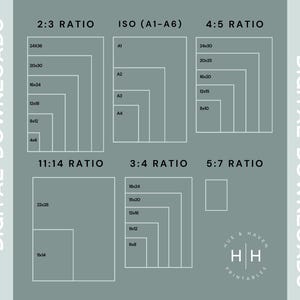 The image is a collection of various sizes and ratios of photographs, including a 2:3 ratio, 4:5 ratio, and 11:14 ratio. These images are part of a digital download series, as indicated by the text "DIGITAL DOWNLOADS" and "HUE & HAVEN PRINTBLES".