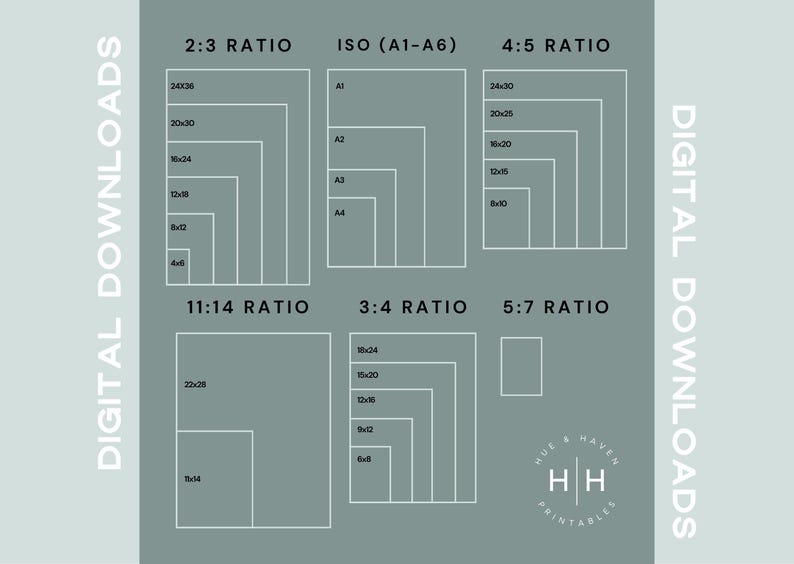 The image is a collection of various sizes and ratios of photographs, including a 2:3 ratio, 4:5 ratio, and 11:14 ratio. These images are part of a digital download series, as indicated by the text "DIGITAL DOWNLOADS" and "HUE & HAVEN PRINTBLES".