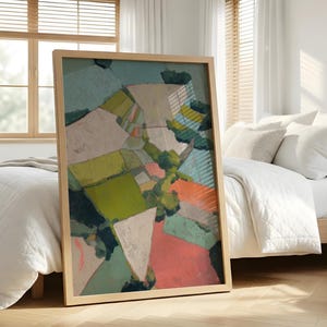 Minimal Rustic Art Sage Green Print Scenic Countryside Field Patchwork Artwork Cottage Style Decor
