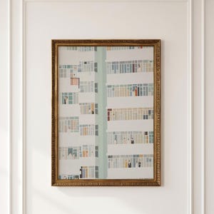May include: A framed print depicting a high-rise apartment building with multiple levels and balconies. The illustration features numerous small figures of people standing in various windows and on balconies, rendered in a muted color palette.