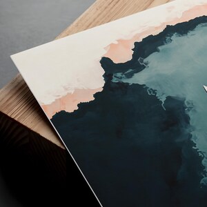 Close-up print corner on dark wood, painterly brushwork and faded finish visible, lake wall art printable