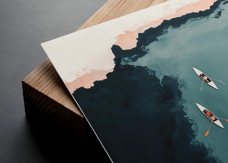 Close-up print corner on dark wood, painterly brushwork and faded finish visible, lake wall art printable