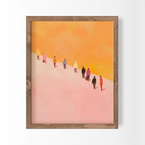 Pintura de figuras abstractas de personas pequeñas, arte conceptual, escena naranja y rosa, decoración de pared