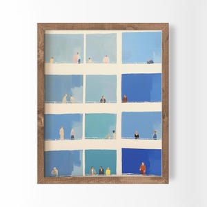 Rustic frame close-up, Tiny People Wall Art with white mat, bold blue color block grid and tiny figures, cubicle decor
