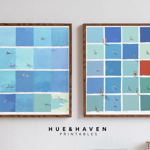 two framed artworks hanging on a wall. The artworks are composed of small square images, each depicting a person swimming in a pool. The artworks are titled "HUE & HAVEN" and "PRINTBLES", indicating that they are printables from the Hue & Haven brand.